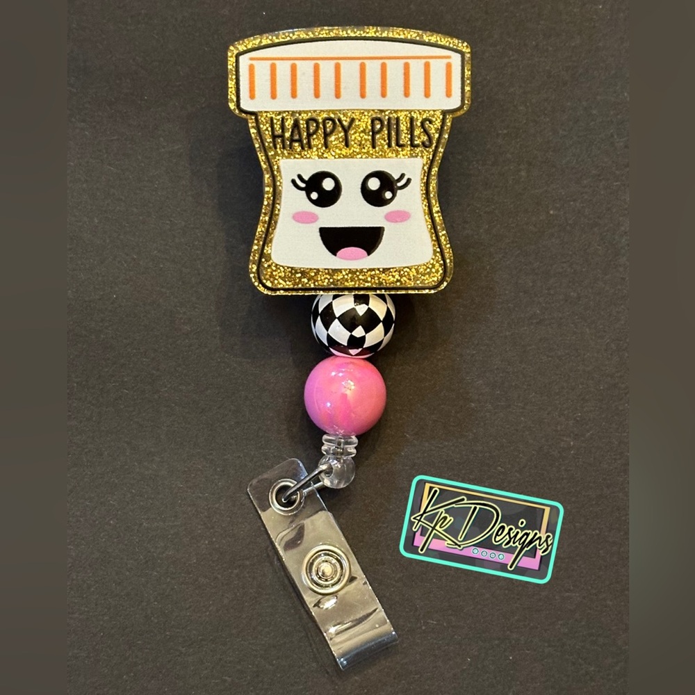 “Happy Pills” medical badge reel with beads